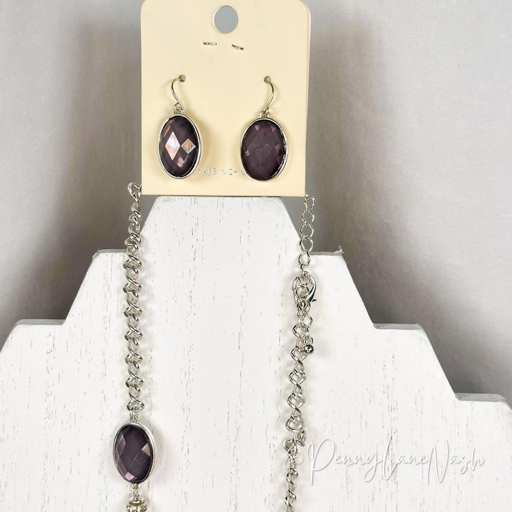 Vintage Oval Gem on Silver Chain Necklace & Earrings Set - Picture 4 of 5